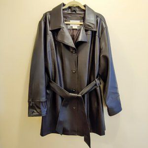 Button-Front Black Faux Leather Trench Coat with Belt